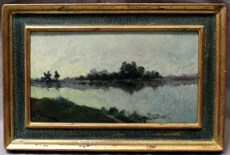19TH c POST IMPRESSIONIST OIL WITH NUDE - CIRCLE OF: Post Impressionist 1885 Oil on Panel, "Riverside", monogrammed E.R. in the lower left and dated 85. En Verso is a exquisite Nude Portrait. Circle of Albert Lebourg, post impressionist, purchased in Pa