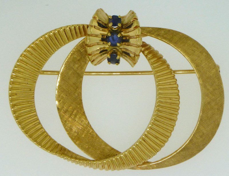 14KT GOLD DOUBLE CIRCLE SAPPHIRE BROOCH (8.60 GRAMS) (1 of 6)