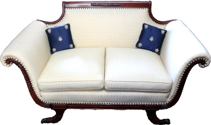 19thc DUNCAN PHYFE CARVED MAHOGANY SETTEE: American 19th c. Duncan Phyfe Neoclassical style Carved Mahogany Upholstered Settee. American Mahogany, 19th century, crest with carved fern leaf center with over sloping fern-carved armrests, chair r