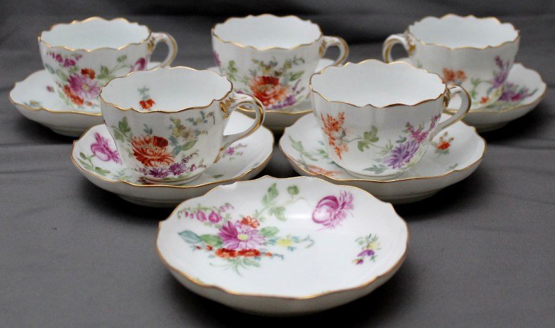 5 ANTIQUE DRESDEN FLORAL CUPS + SAUCERS (1 of 9)