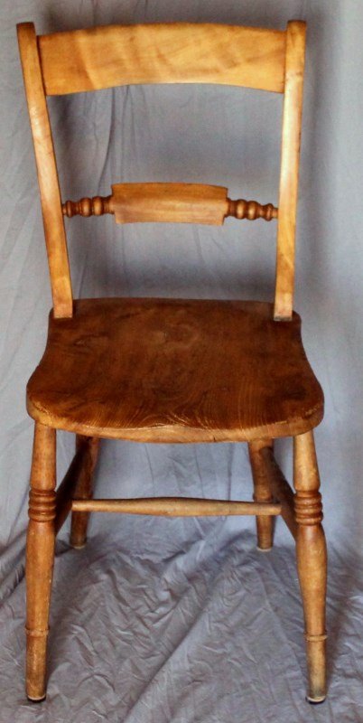 5 ANTIQUE ENGLISH PINE CHAIRS: 5 Antique English Country Elm Chairs. Impressed With a makers mark of a Crown and the initials VR, for Victoria Regina c. 1850. Turned legs and turned bar backs. Each measures 14 1/2 wide, 15" deep, 3