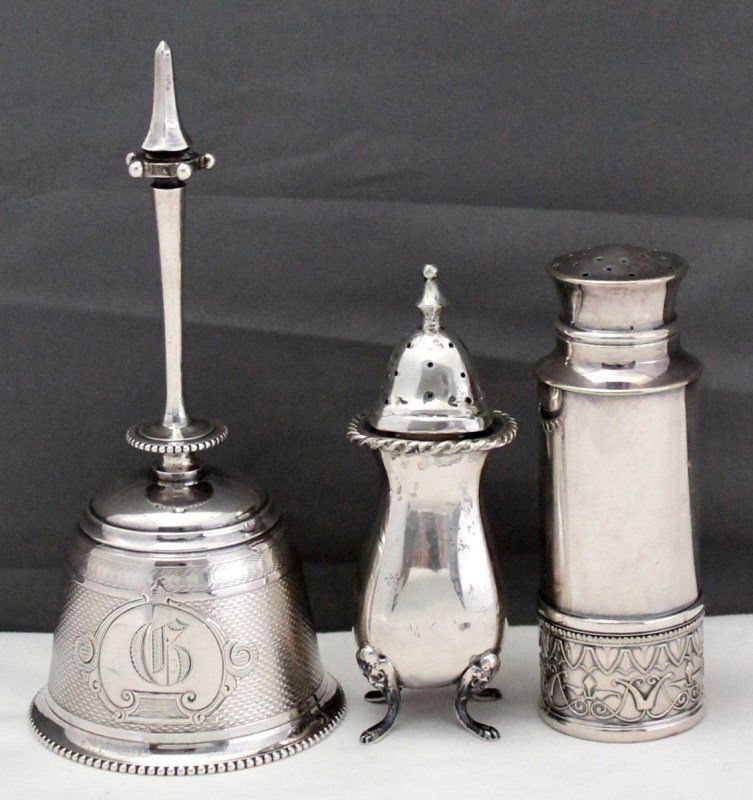 3 pc VICTORIAN SILVER TABLE ITEMS - BELL - SHAKERS (1 of 5)