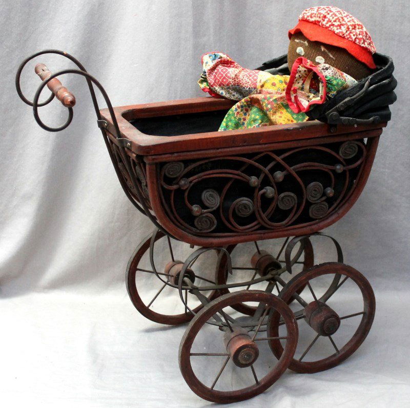 ANTIQUE BLACK STOCKINETTE DOLL & BABY CARRIAGE (1 of 9)