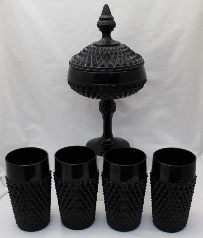 5 PC TIARA CAMEO BLACK GLASS LARGE TUMBLERS - CANDY: Group of 4 Tiara Cameo Black Glass Diamond Point Ice Tea Tumblers in the original box. Never used and in mint like new condition. Each tumbler measures 3x3x5 3/4. Also a Cameo Black Glass Diamond Poin