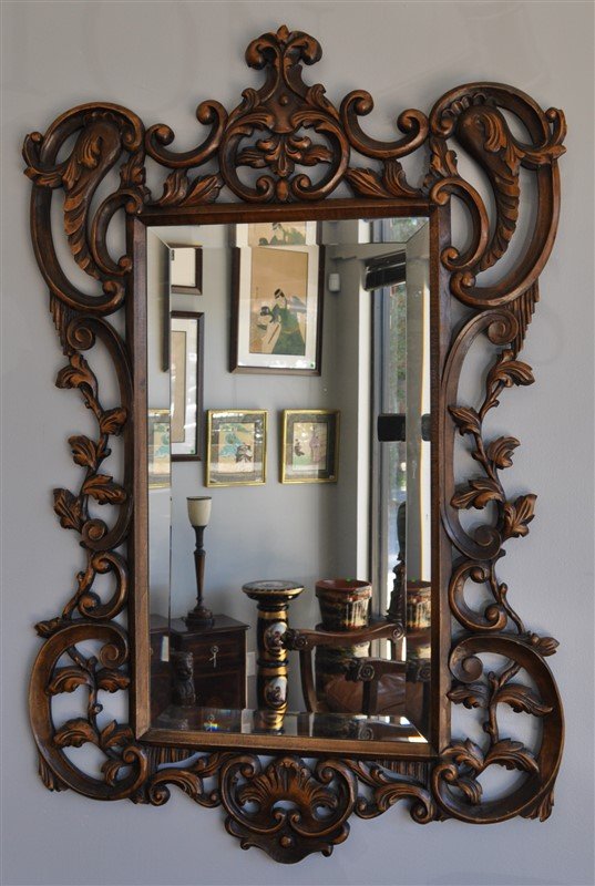 ORNATE CARVED WALNUT BEVELED GLASS MIRROR (1 of 7)