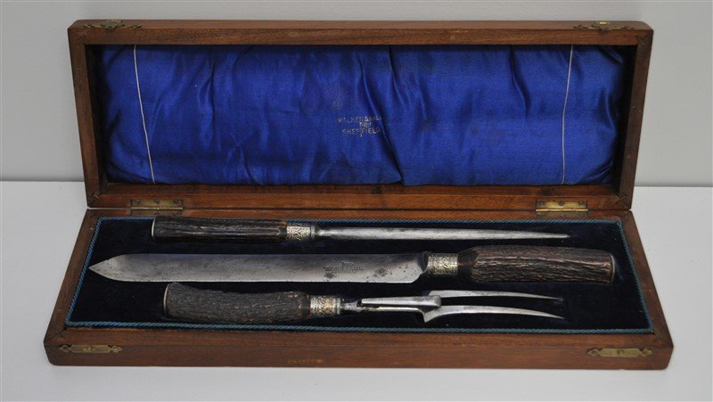 WALKER & HALL STAG ANTLER GAME CARVING SET (1 of 6)