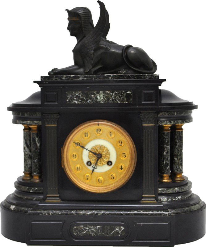 FRENCH EGYPTIAN REVIVAL BRONZE & MARBLE MANTLE CLOCK (1 of 10)