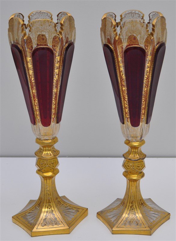 PAIR BOHEMIAN  RUBY FLASHED PANEL W GILT VASES (1 of 7)
