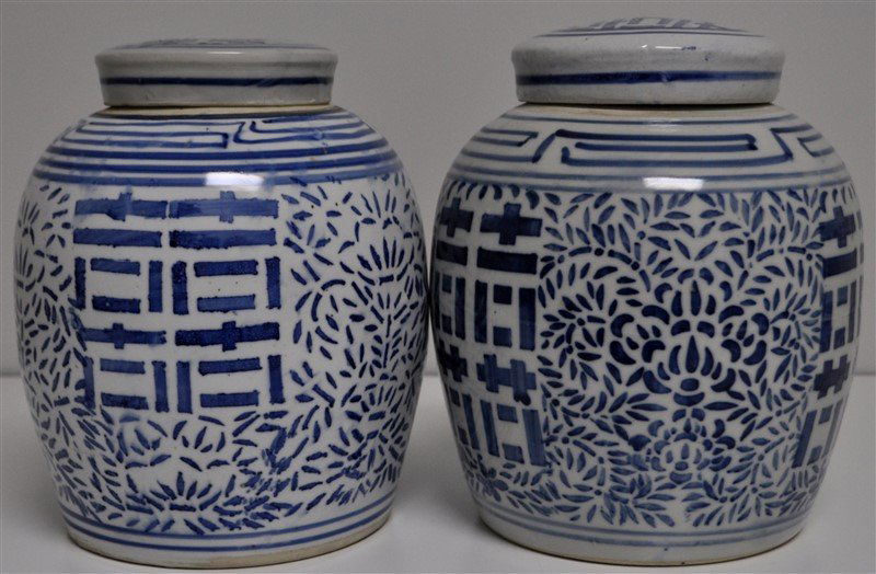 PAIR CHINESE PORCELAIN BLUE & WHITE GINGER JARS (1 of 7)