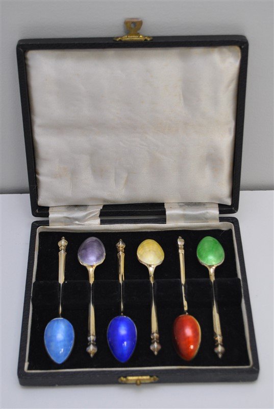 1920 ENGLISH STERLING ENAMEL DEMITASSE SPOONS (1 of 9)