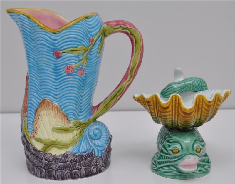 2 pc MAJOLICA STYLE DOLPHIN COMPOTE & PITCHER (1 of 8)