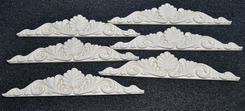 6 PLASTER ARCHITECTURAL SHELL & SCROLL DOOR PEDIMENTS: 6 Elegant Ornate White Plaster Shell & Scroll Over the Door Architectural Pediments. Each overdoor measures 36 1/2 long by 7 1/2 at the center. A great way to dress up any room. 40 pds all. PROVENANCE