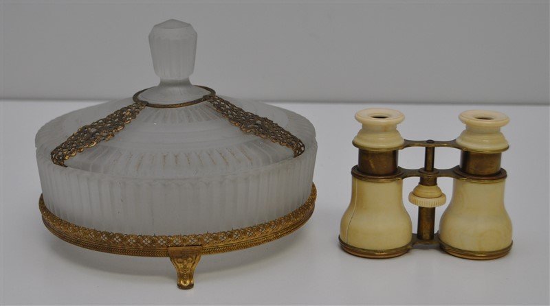 2 pc ORMOLU ART DECO DRESSER + OPERA GLASSES: Large Art Deco Satin Glass Gilded Filigree Ormolu Vanity / Round Dresser Box. Art Deco Vintage 1930s. Also a pair of Victorian Bone and Brass Opera Glasses. Dresser Box 7.25x7.25x6, chip to rim -very