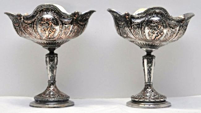 PAIR 19th c. ORNATE SILVERPLATE PUTTI COMPOTES (1 of 9)
