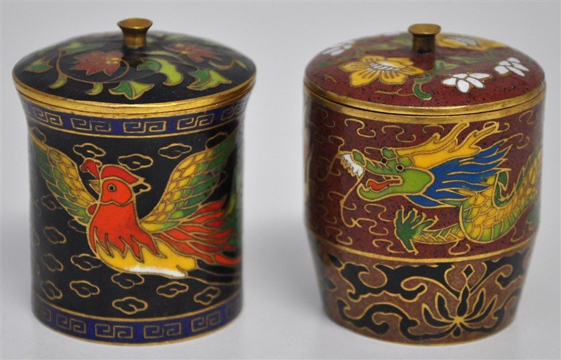 PAIR SIGNED CLOISONNE MINIATURE LIIDDED JARS (1 of 7)