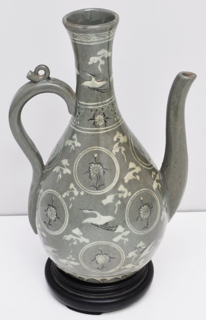 KOREAN KORYO SIGNED CELADON EWER - CRANES (1 of 10)