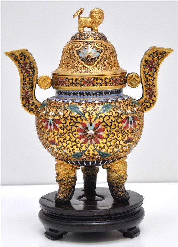 FINE CHINESE GILT BRONZE & CLOISONN CENSER (1 of 10)