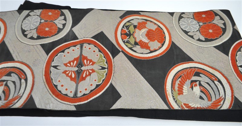 LARGE JAPANESE SILK OBI BUTTERFLIES PHOENIX LOTUS (1 of 6)