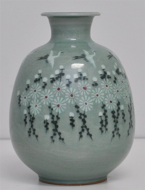 KOREAN KORYO SIGNED CELADON VASE - CRANES (1 of 9)