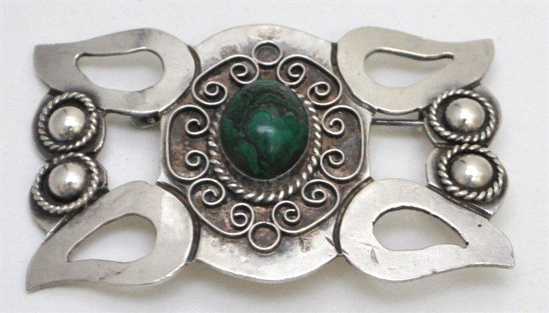 LARGE VINTAGE TAXCO 980 SILVER MALACHITE BROOCH (1 of 4)