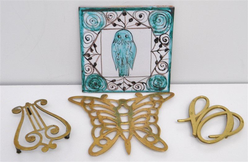 4 pc HAND PAINTED OWL TILE & 3 BRASS TRIVETS: 4 Pc Vintage Trivets / Hot Plates. The first a large French Red Clay Tile with Handpainted Green Owl 8x8. The next a Solid Brass Virgina Metalcrafters Greenbriar Cipher 1950 5x4.75. A solid Brass Harp