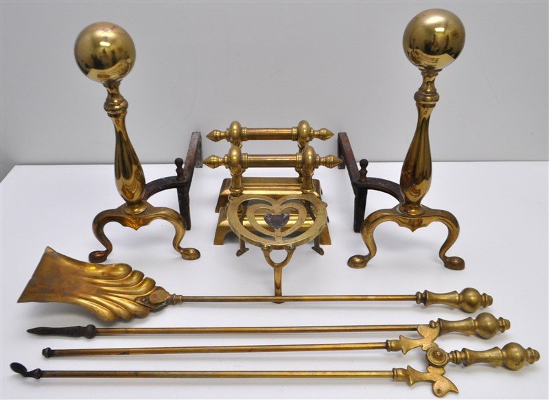 ANTIQUE SOLID BRASS FIREPLACE SET (1 of 8)