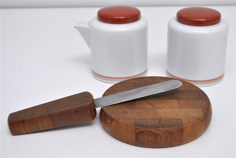 3 Pc DANSK TAPESTRIES CREAM & SUGAR + CHEESE BOARD: Dansk Tapestries Red Cream and Sugar. Designed by Jack Lenor Larsen. Jack Lenor Larsen (born 1927) is a textile designer, author and collector and promoter of traditional and contemporary craftsmanshi