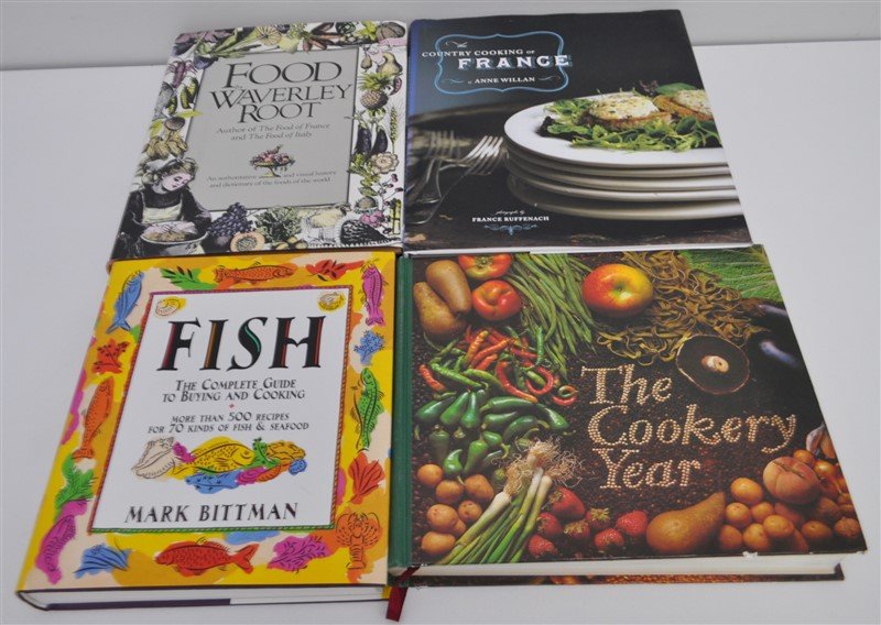 4 VINTAGE COOKBOOKS / FOOD: 1- Food by Wavelry Root 1980. 2-Fish by Mark Bittman 1994. 3- The Cookery Year Readers Digest 1973. 4- The Country Cooking of France by Anne Willan, signed by the Author to a Friend at Gourmet. Wt all