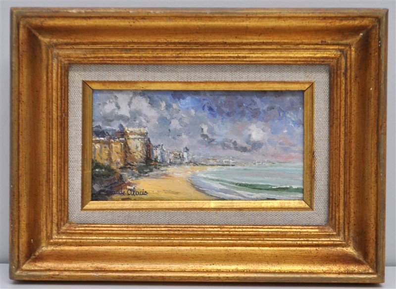 CLAUDE ALACIO OIL ON CANVAS FRENCH MIST: Claude Alacio Oil on Canvas "Brume" (Mist). In gilt wood frame, framed at the Artist's studio. Claude Alicio's studio and gallery is located at 15 rue Victor Hugo, 14360 Trouville sur Mer. He was the