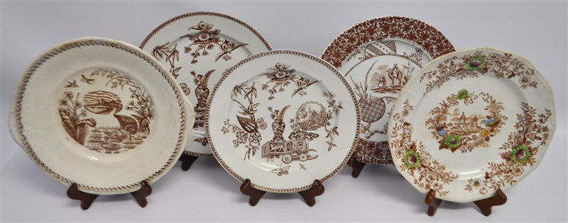 5 pc ANTIQUE 19TH C ENGLISH BROWN TRANSFERWARE (1 of 10)