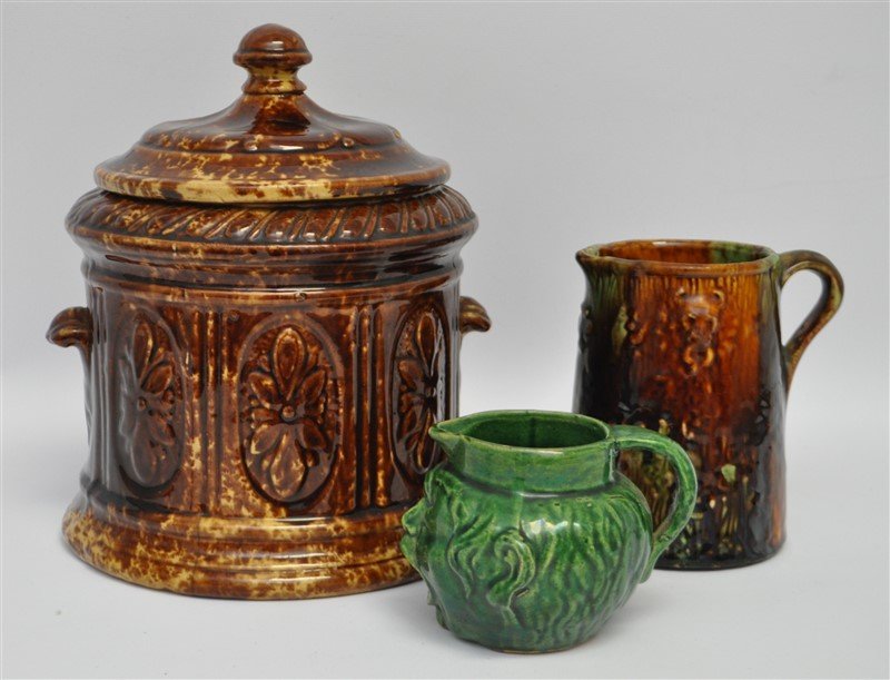 3 pc 19th c ROCKINGHAM TOBACCO JAR + MAJOLICA JUGS (1 of 10)