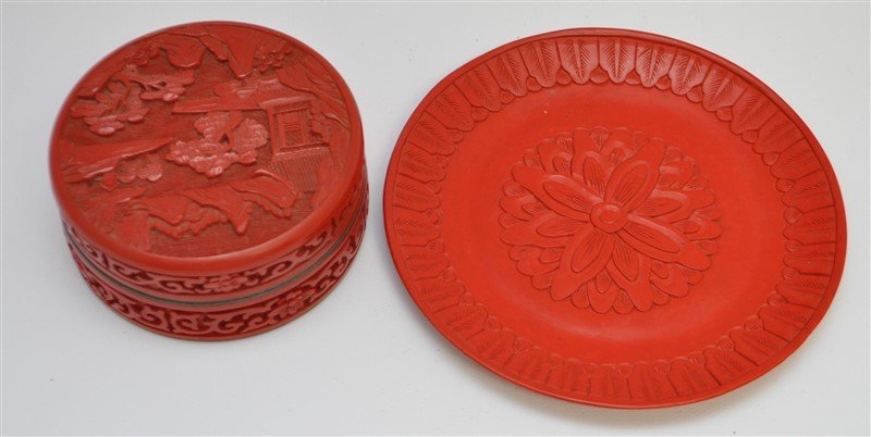 2 Pc. CHINESE CARVED CINNEBAR BOX & PLATE (1 of 8)