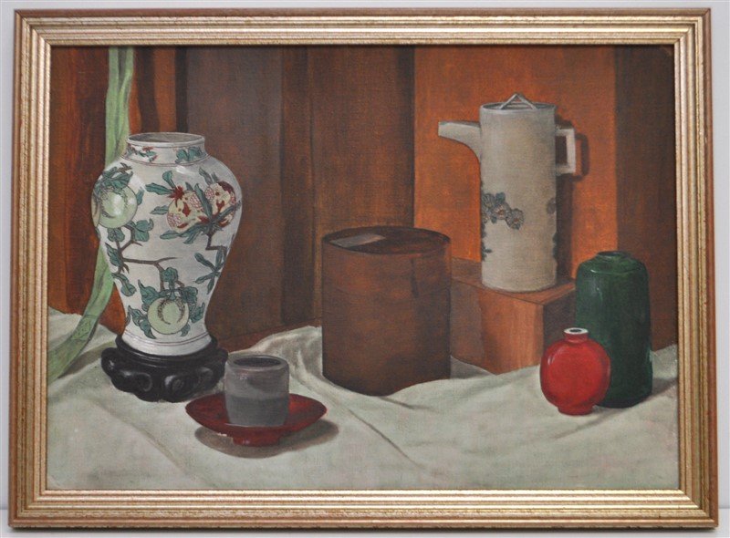 ELIZABETH MOYNAHAN 1904 HARVARD STILL LIFE: Antique Oil on Artist Board, Still Life Vases by listed 20th c. American Artist, Elizabeth J. Moynahan. Elizabeth Moynahan was active/lived in Massachusetts early 20th century. The well done still lif