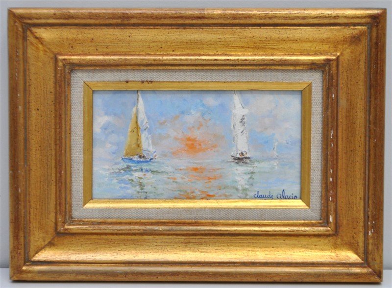 FRENCH OIL ON CANVAS TROUVILLE CLAUDE ALACIO: Claude Alacio Oil on Canvas "Trouville". The French coast. In gilt wood frame, framed at the Artist's studio. Claude Alicio's studio and gallery is located at 15 rue Victor Hugo, 14360 Trouville sur 