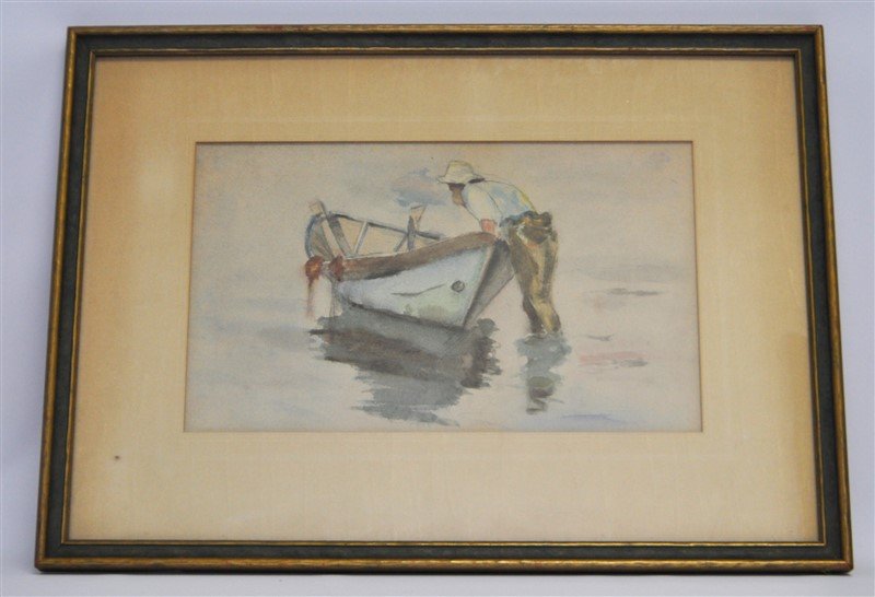 VINTAGE ORIGINAL WATERCOLOR ROWBOAT: A framed Vintage c. 1930-40s Watercolor of a Man pushing off a Rowboat. No visible signature. Mtted and Framed under Glass at Dreisbachs Picture Shop, New Haven. In Frame measures 20.50x15x.75. Wt 4 p