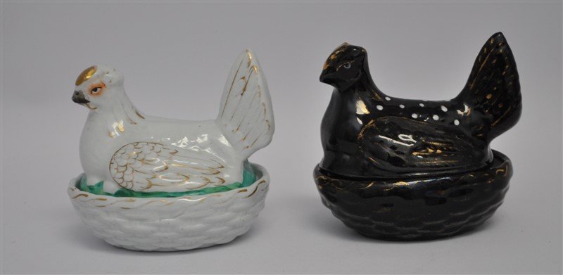 2 19th c. STAFFORDSHIRE JACKFIELD HENS ON NESTS (1 of 10)