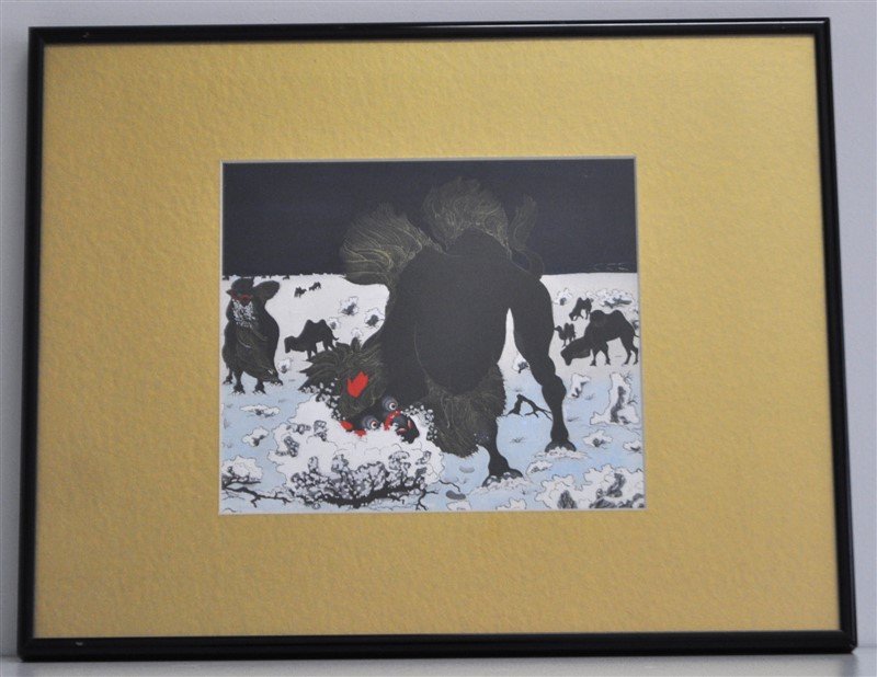 ORIGINAL MID CENTURY MONGOLIAN CAMEL PAINTING: Original Mid Century 1960s Mongolian Camel Painting. Bull Camel. This artist also did Postage Stamps with Camels in the same style c. 1972. PROVENANCE: The estate of a Litchfield Connecticut Antique a