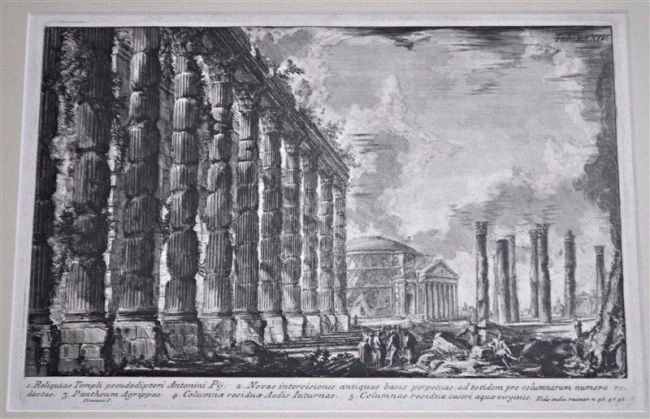 GIOVANNI BATTISTA PIRANESI c. 1762 ENGRAVING: c. 1762 Engraving by Giovanni Battista Piranesi (1720-1778) Reliquiae Templi pseudodipteri Antonini Pij (The remains of the pseudodipteral Temple of Antoninus Pius). A long, deteriorating colonnade fr