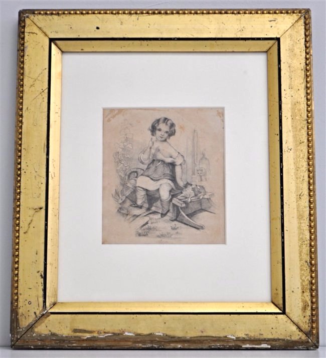 19TH C ORIGINAL DRAWING YOUNG GIRL w DOG & CAT (1 of 7)