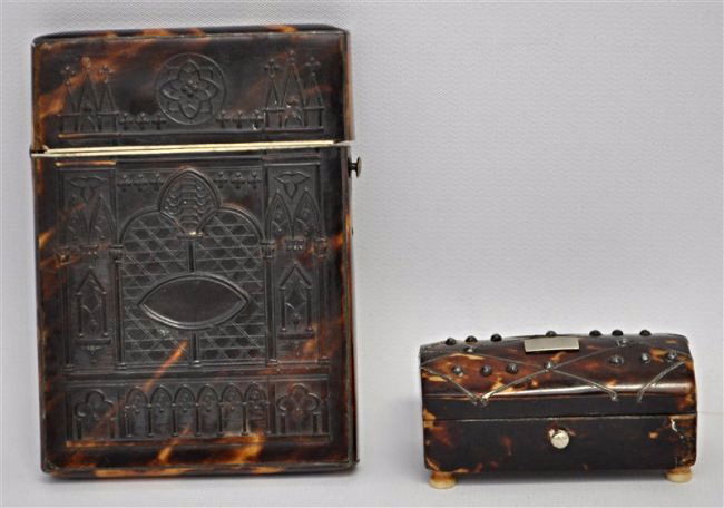 2 PC 19th c. TORTOISE SHELL & IVORY CALLING CARD GOTHIC (1 of 10)