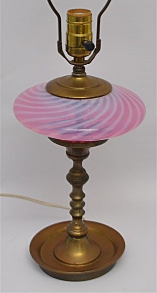 EARLY FENTON CRANBERRY OPALESCENT BRASS LAMP (1 of 7)