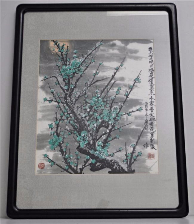 ORIGINAL CHINESE WINTERSWEET PLUM BLOSSOMS WATERCOLOR: Original Wintersweet Plum Blossoms Chinese Watercolor Painting signed Guang Chun, with the sign for 1994, Winter. In Chinese there is a poem to one side that loosely translates to "When I look up the