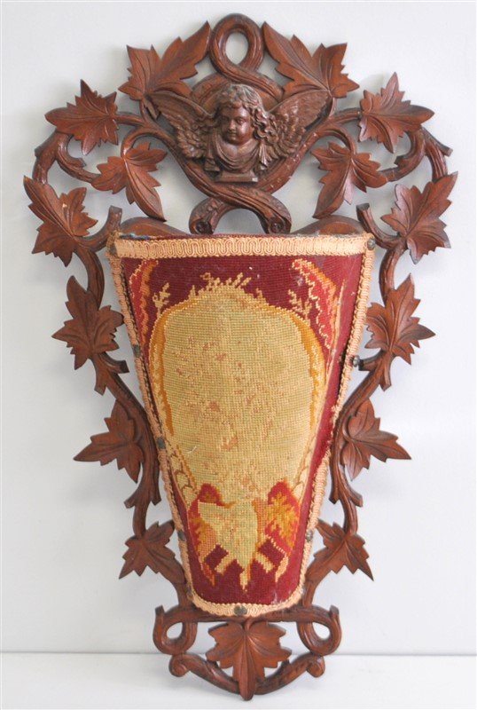 VICTORIAN WALNUT CARVED WALL POCKET NEEDLEPOINT (1 of 8)