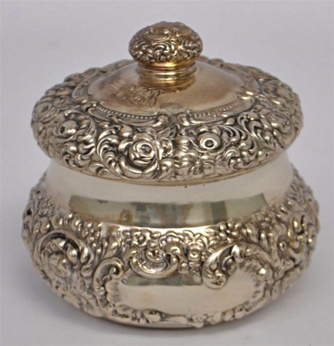 ORNATE STERLING SILVER REPOUSSE UNGER BROS VANITY JAR (1 of 5)