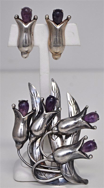 LARGE 1940s VTG MEXICAN STERLING AMETHYST DEMI PARURE (1 of 7)