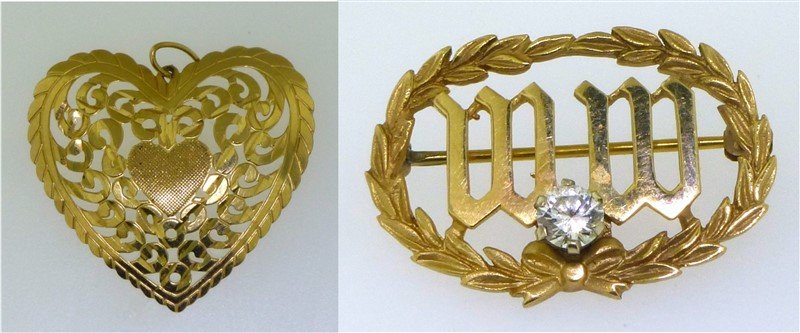 14KY ELABORATE HEART PENDANT & "WW" BROOCH (1 of 9)
