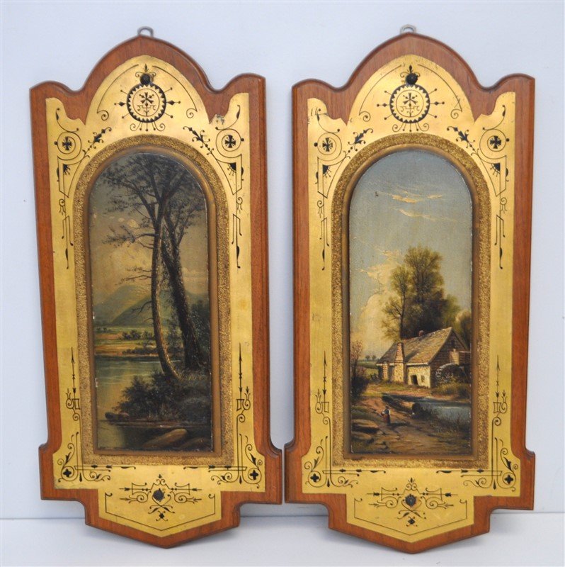 PAIR VICTORIAN  C. 1882 PAINTINGS ON WOOD PANEL (1 of 8)
