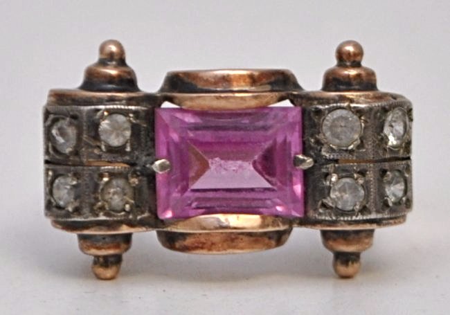 14KT GOLD DINNER RING- PINK & CLEAR STONES SIZE 9.5 (1 of 6)