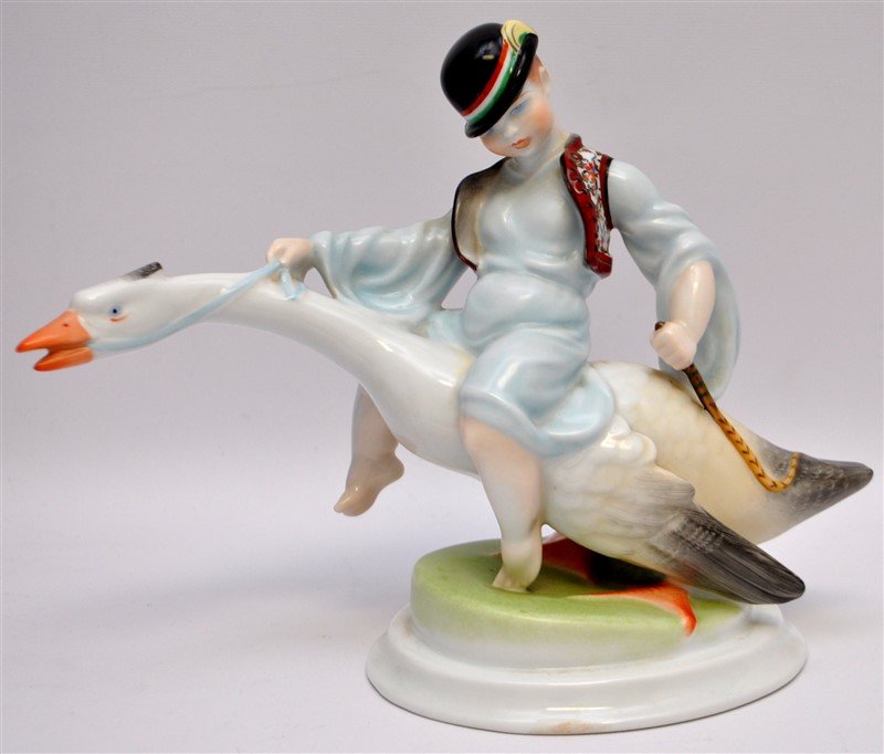 LARGE HEREND PORCELAIN BOY RIDING GOOSE (1 of 10)