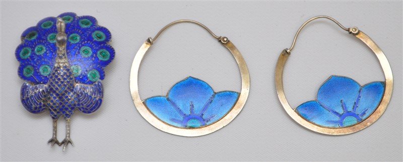 2 PC ENAMELED STERLING SILVER PEACOCK & LOTUS EARRINGS (1 of 6)